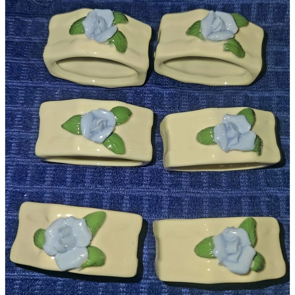 Set of 6 Vintage Porcelain Napkin Rings 3D Blue Rosettes‎ Floral Cream Hexagon